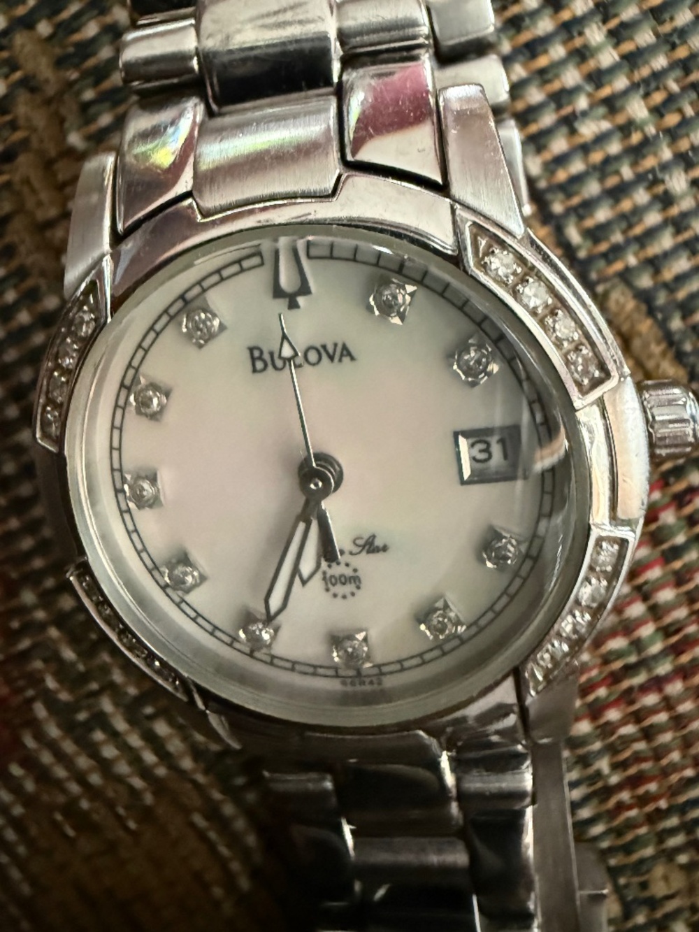 Bulova Marine Star C876792 Mother Pearl Diamond Bezel Indices Ladies Wristwatch